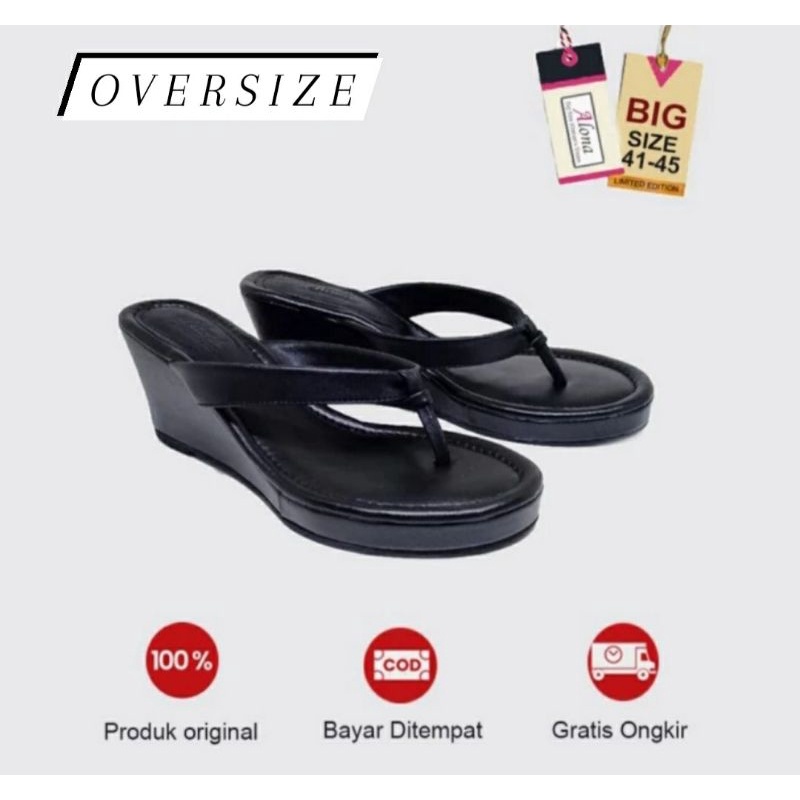 Sendal Jepit Wedges MK-147 Ukuran Besar 41.45 Wedges Pesta Kaki Lebar Hitam Sepatu Wedges Oversize Black, 41