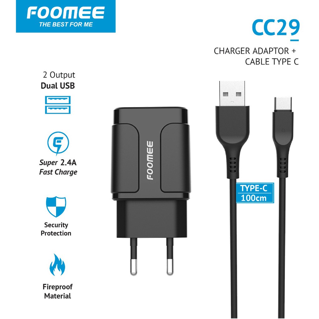 FOOMEE CC29 charger 2  USB 5V2.4A-TYPE-C - ADAPTER FOOME + USB TYPE C CHARGER FOOME