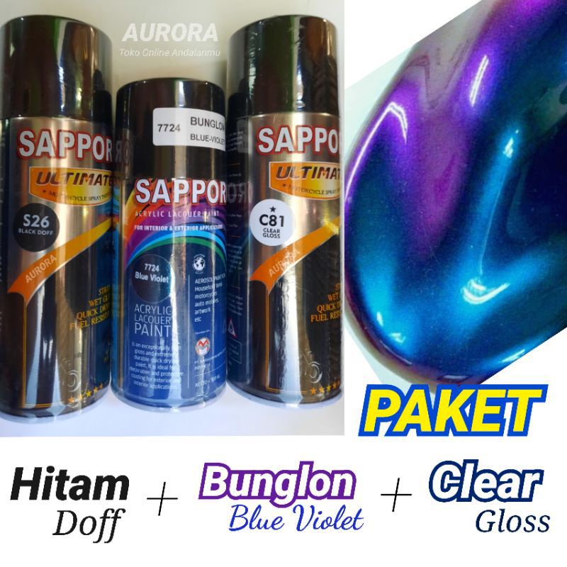 Paket Lengkap Cat Sapporo Black Doff *S26 + Bunglon Blue Violet 7724 + Clear * C81 Bunglon 3D Bunglo