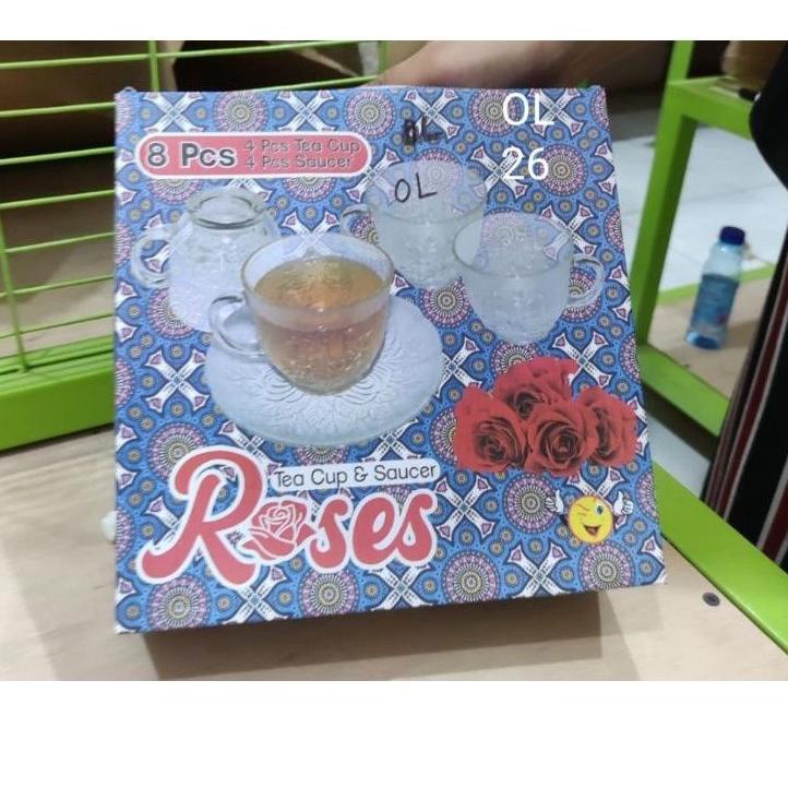 Viral Gelas Cangkir Teh Kopi Set Tatakan Kaca Bening isi 8 Pcs Cantik Motif Roses  / Cangkir Kopi Se