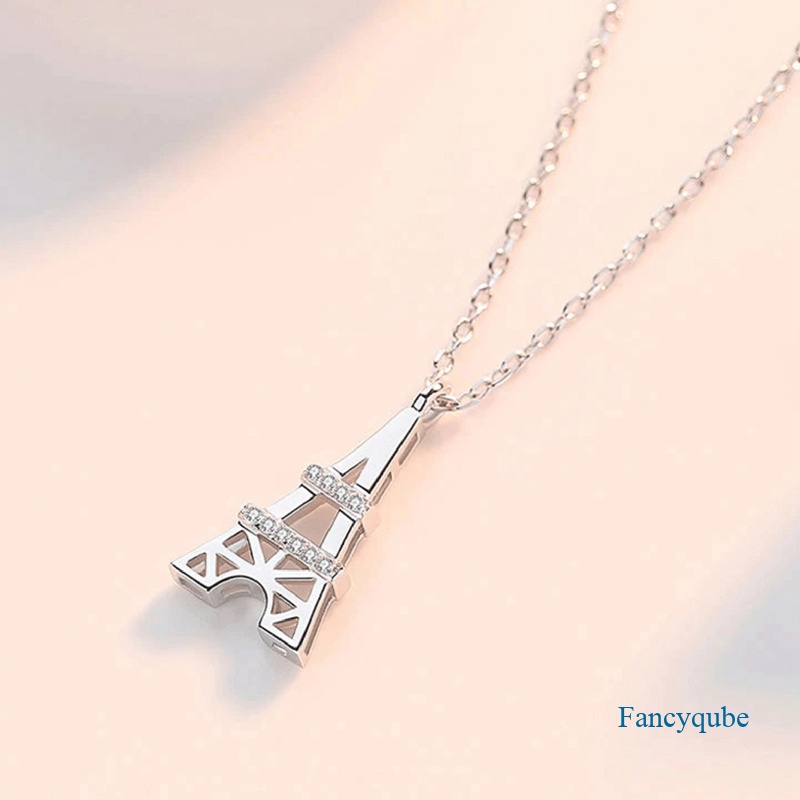 Fancyqube Kalung Rantai Dengan Liontin Bentuk Menara Eiffel Aksen Batu Kristal Warna Silver Untuk Wanita