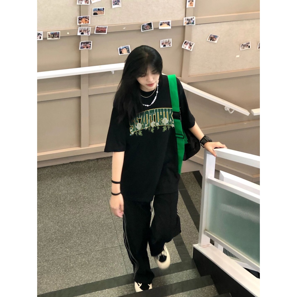 EUNII T-shirt Lengan Pendek Modis Mawar Putih Pencetakan Longgar Korean Style/Kaos Atasan Wanita/Baju Kaus Oversize Wanita