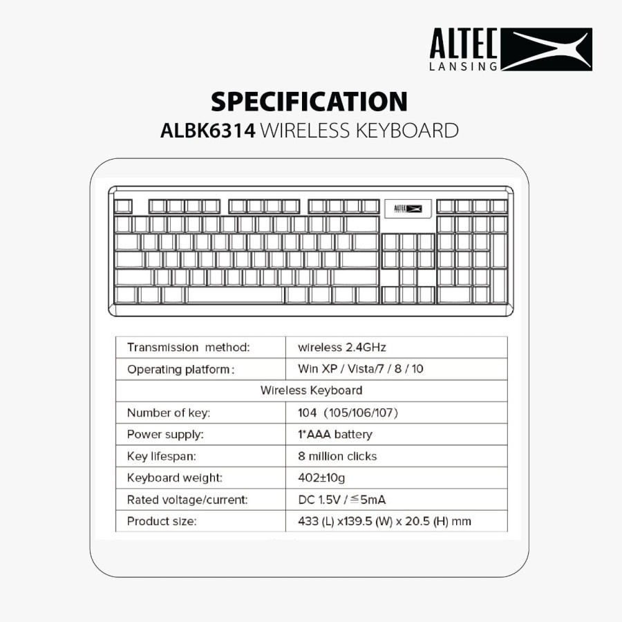 Keyboard altec lansing wireless 2.4ghz usb 104 key membrane full size silent for office gaming pc laptop cpu albk6314 albk-6314