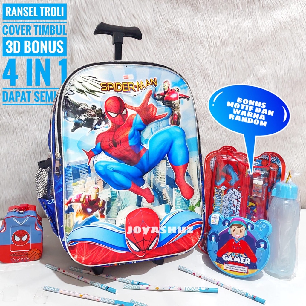 Tas Troli Anak Laki Laki Karakter Spiderman Gratis Bonus - Tas Troli 3D  - Ransel Sekolah Anak Laki-laki - Ransel Troli Anak SD - Troli 3 Dimensi - Tas Gratis Botol -  Tas Sekolah Anak Troli - Spiderman - Tas Dorong Lucu - Joyashuz