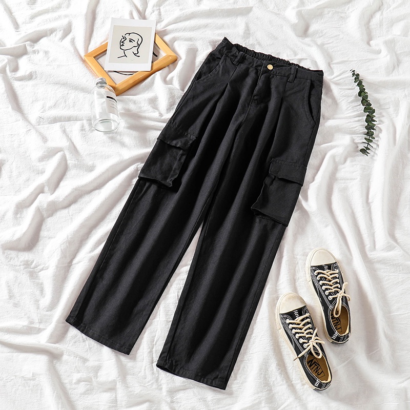 Cargo Jeans--Korean Highwaist Cargo Jeans Wanita(Krem 177 / Hitam 177 )