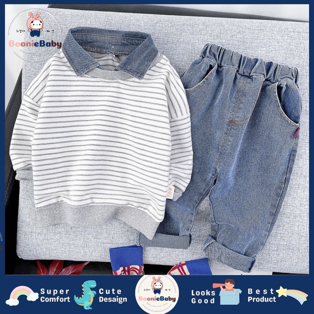 boonie COD setelan anak laki laki import setelan 3pcs kaos motif garis kemeja celana panjang anak laki laki fashion import by korea setelan baju cowok import baju kids pria fashion JEANS EDWARD