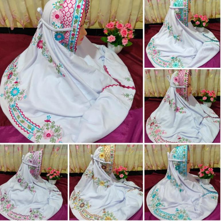 Mukena terusan/lajuran polino motif bordir bunga daisy cantik bahan adem [PGR.18Oc22a]