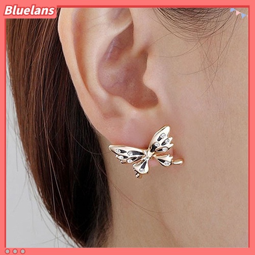 Bluelans Women Butterfly Rhinestone Ear Stud Cuff Asymmetric Earrings Party Jewelry