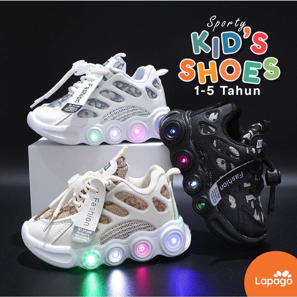 LAPAGO - Sepatu Sneaker LED Anak Laki Laki Perempuan Import Usia 1 - 5 Tahun Type MCD