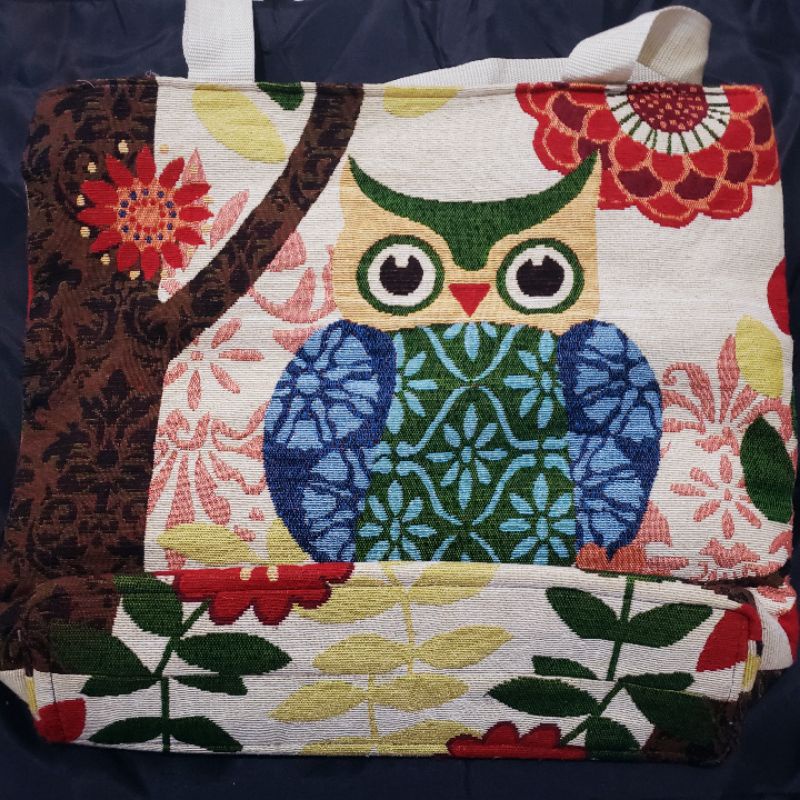 Preloved Tas Tote Bag Besar Etnik Thailand Motif Burung Hantu Anyaman