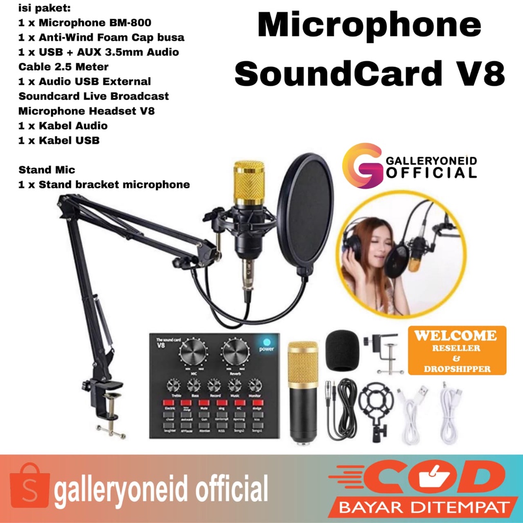 Microphone Recording BM-800 Set Stand Mic Poadcast Youtuber Condenser Sound Card V8