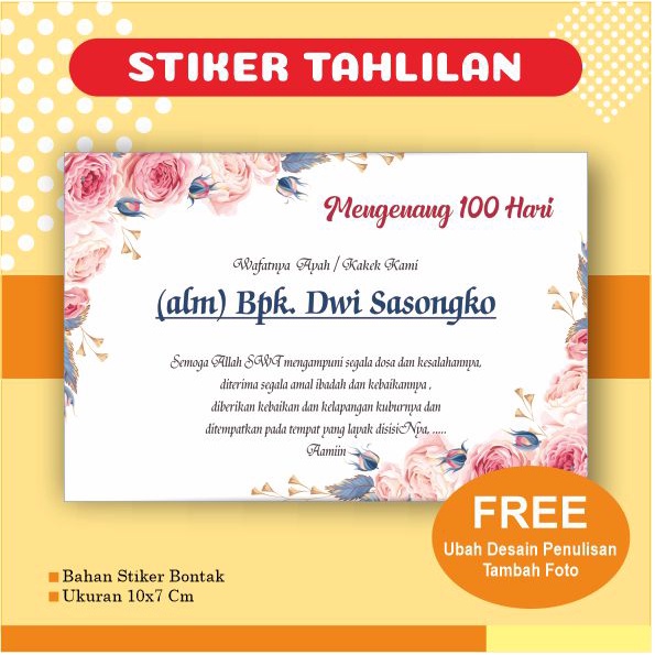 STIKER LABEL TAHLILAN / PENGAJIAN 7 HARI, 40 HARI, 100 HARI, 1000 HARI MENGENANG WAFAT / MENINGGAL