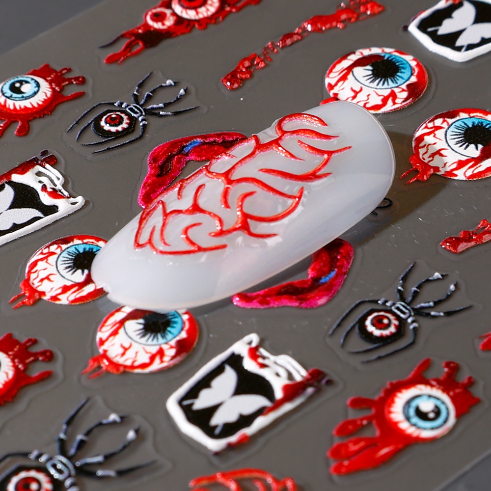 Stiker Kuku Motif Tengkorak Laba-Laba Mata Darah 5D Untuk Dekorasi Nail Art