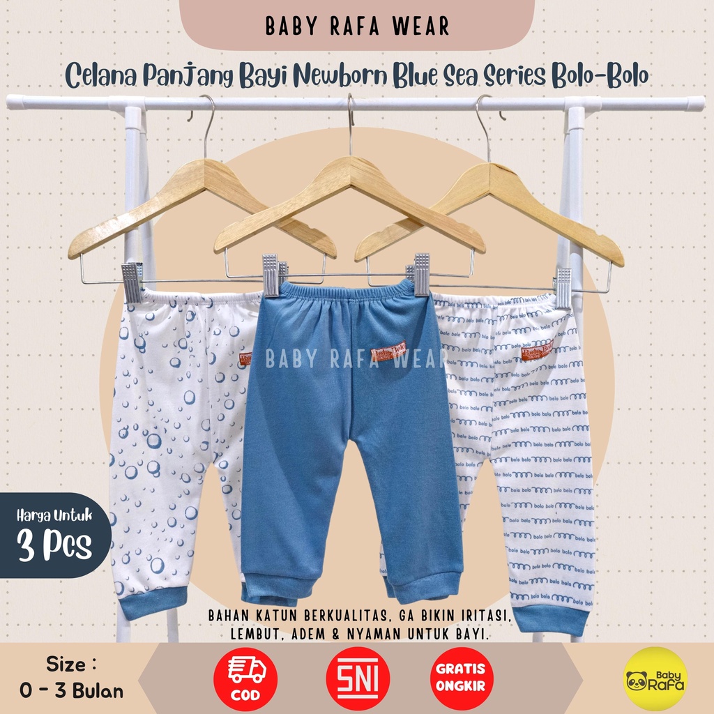 Serian Biru - 3 pcs Celana Panjang Bayi Baru Lahir 0 - 3 Bulan Blue Sea Series merk SNI Bolo - Bolo