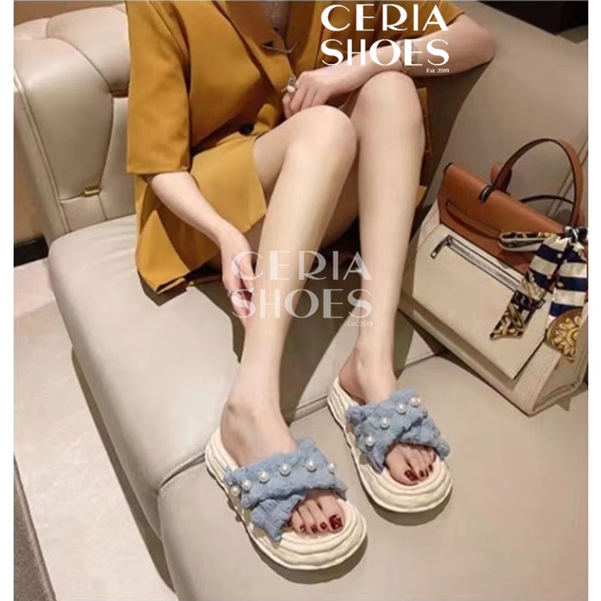 PVC Sandal Slop Wanita Jelly Import Motif Kain Mutiara Bahan LEntur Empuk Tebal Non-Slip Sole Super Soft Cross Cake