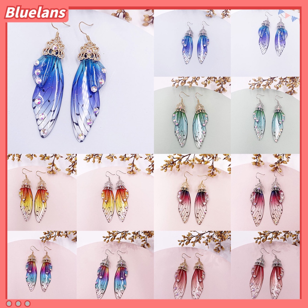 Anting Kait Desain Sayap Kupu-Kupu Aksen Berlian Imitasi Warna Gradasi Untuk Wanita