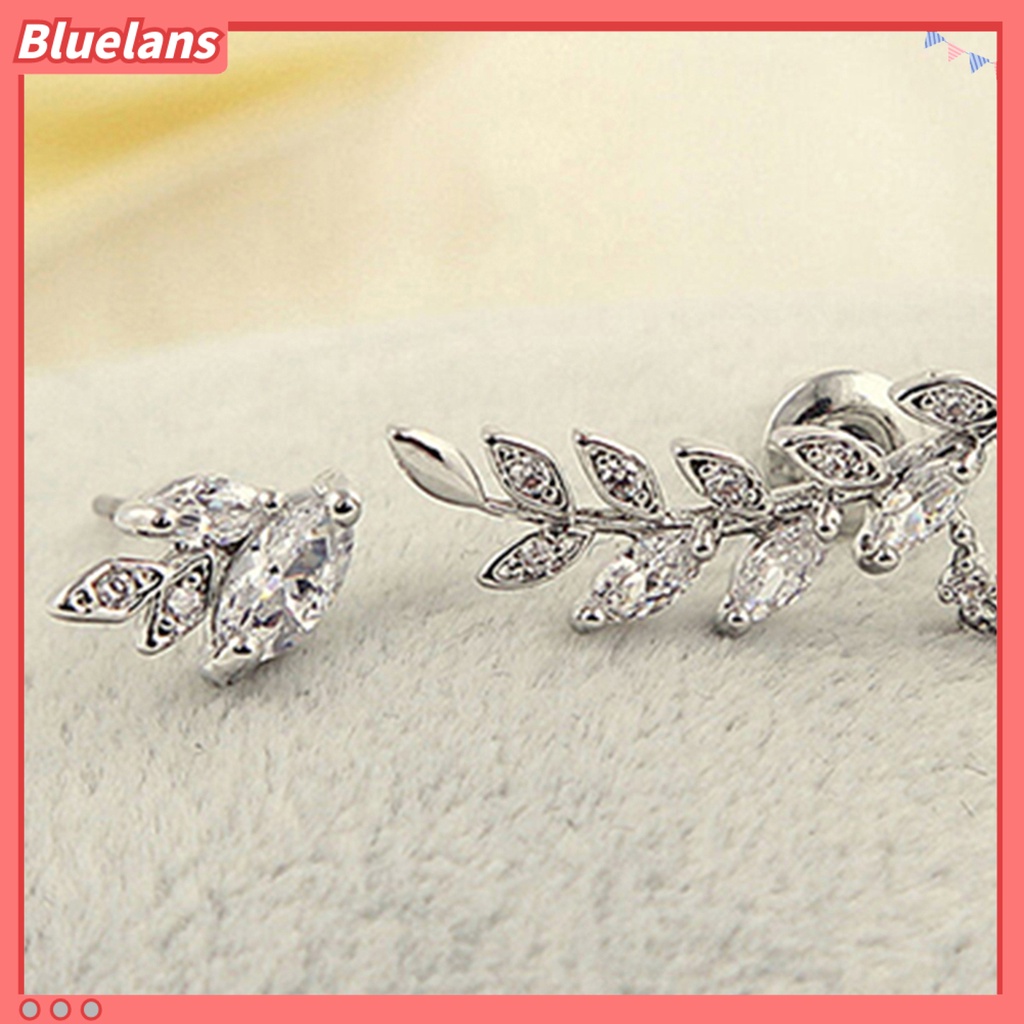 Bluelans Anting Tusuk Gantung Asimetris Desain Daun Hias Berlian Imitasi Anti Karat Untuk Wanita