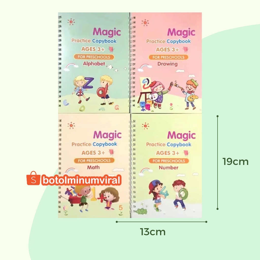 4 Buku Belajar Menulis Huruf Angka Membaca Menggambar Anak TK Paud Sank Magic Reusable Free Pen Dan Refill