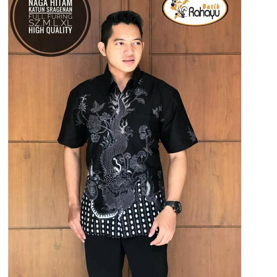 Stok Terbatas Naga Hitam RAHAYU Kemeja batik pria motif naga abu hitam lengan pendek berfuring kemej