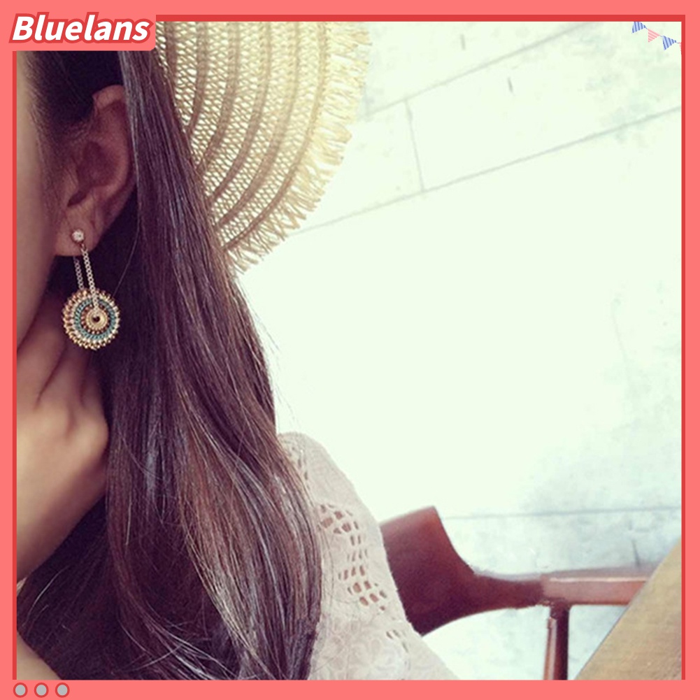 Anting Tusuk Gantung Desain Bulat Hias Berlian Imitasi Gaya Bohemian Handmade Untuk Wanita