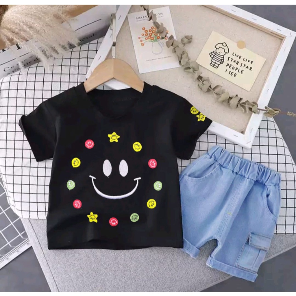 JEANS SET | SETELAN BAJU ANAK LAKI-LAKI DAN ANAK PEREMPUAN MUSIM PANAS UMUR 1-5 TAHUN SETELAN BAJU ANAK CELANA PENDEK DENIM SMILE TERBARU