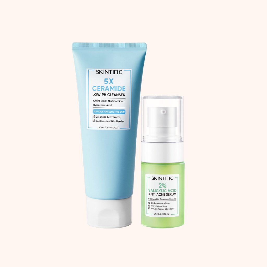 SKINTIFIC Set - 5X Ceramide Low pH Cleanser 80g Face Wash Sabun Cuci Muka + SKINTIFIC 2% Salicylic Acid Anti Acne Serum 20ml Totol Jerawat