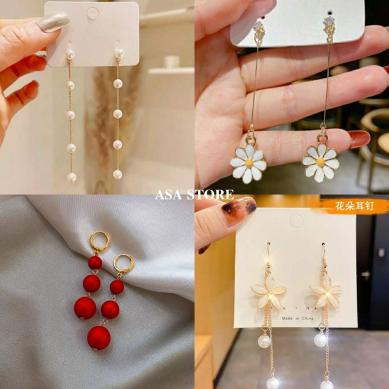 Anting Wanita Tusuk Gantung Bunga Mutiara Korea Anting Hijab Aksesoris Fashion