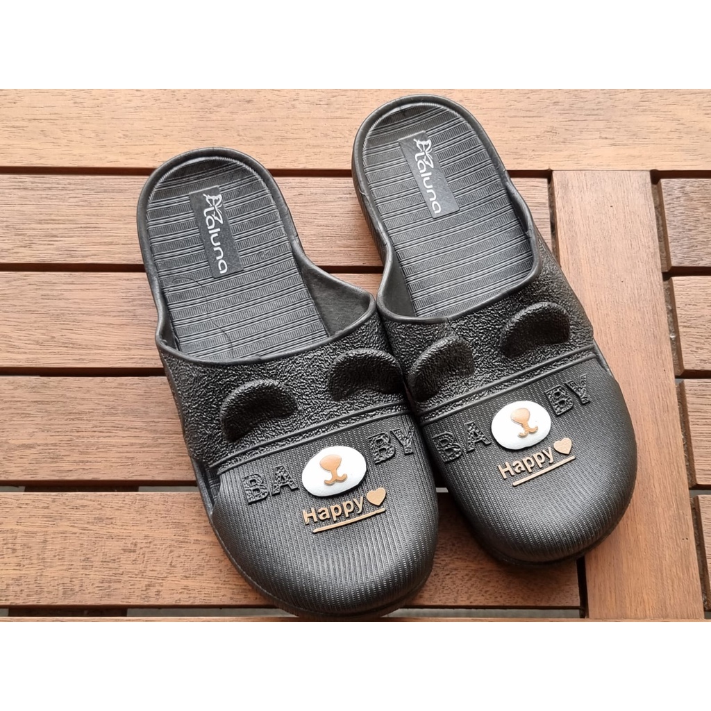 Sandal Selop Wanita LALUNA 1809 -1 Karet Import motif Bear dan telinga timbul cute