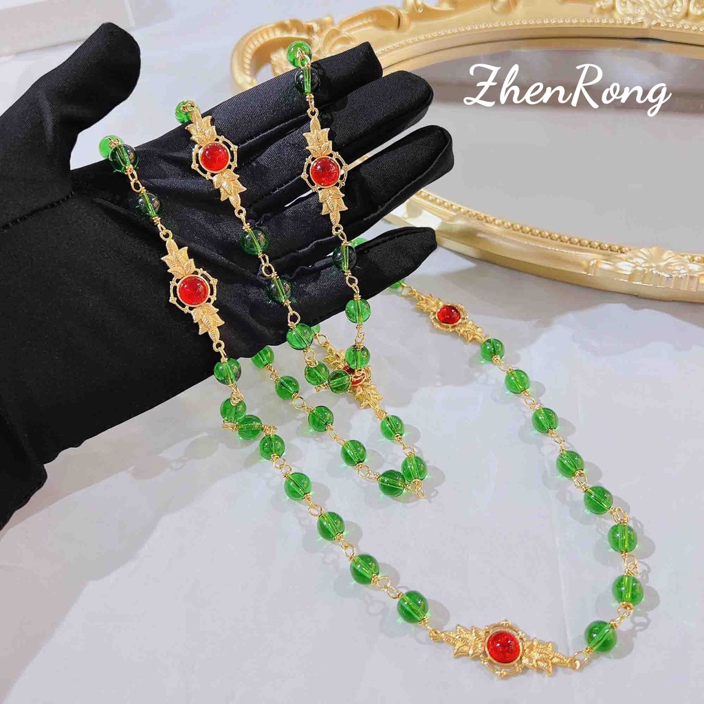 Goldkingdom Fashion Perhiasan Emas Asli Kadar 375 Bangkok Aksesoris Ready Stock Retro Natural Hijau Manik Set Rantai Kalung Multi Lingkaran Gelang Perempuan Kekayaan Dan Kehormatan