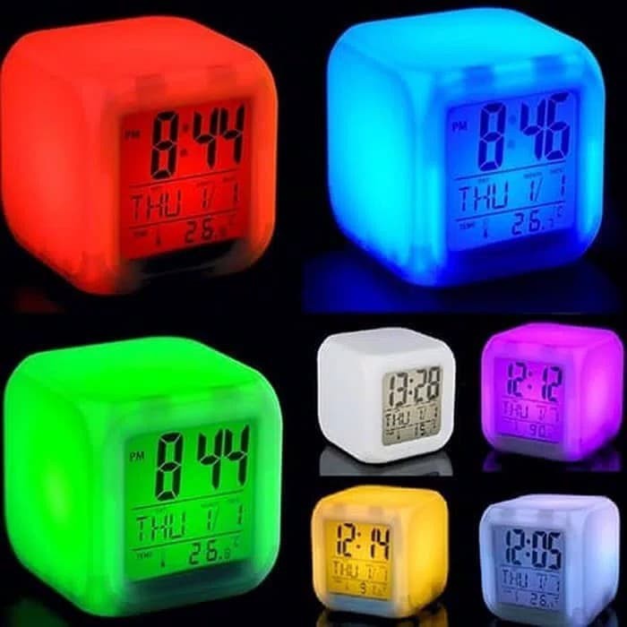 Jam Meja Kubus Weker Moody Clock Kotak Alarm Beker Digital LED Jam Lampu Tidur Berubah 7 Warna + Pengukur suhu Jam