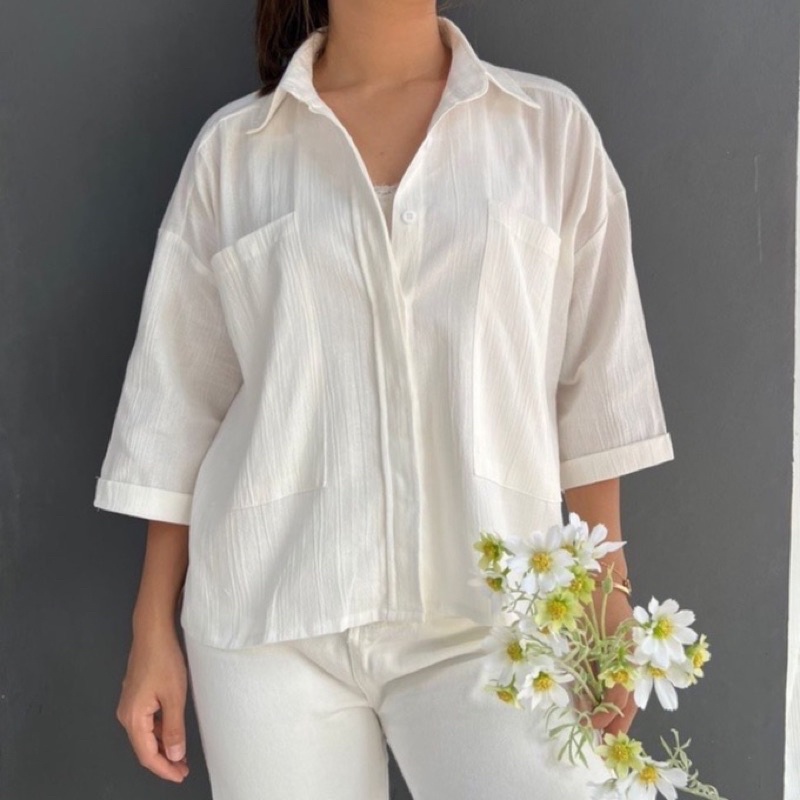 COZIE TOP KEMEJA LINEN-Brokenwhite