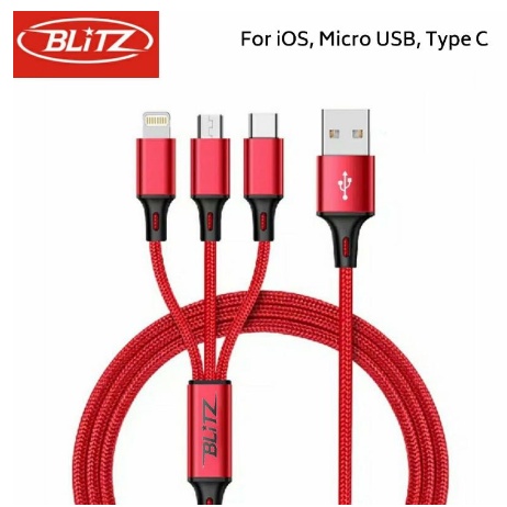 Kabel Charger Type-C Usb C Lightning Ios Micro Usb 3 in 1 Kain metal Blitz Fast Charging Fast Charger