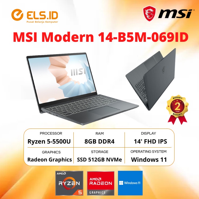 Laptop MSI Modern 14-B5M-069ID Ryzen 5-5500U 8GB SSD 512GB 14' FHD IPS W11