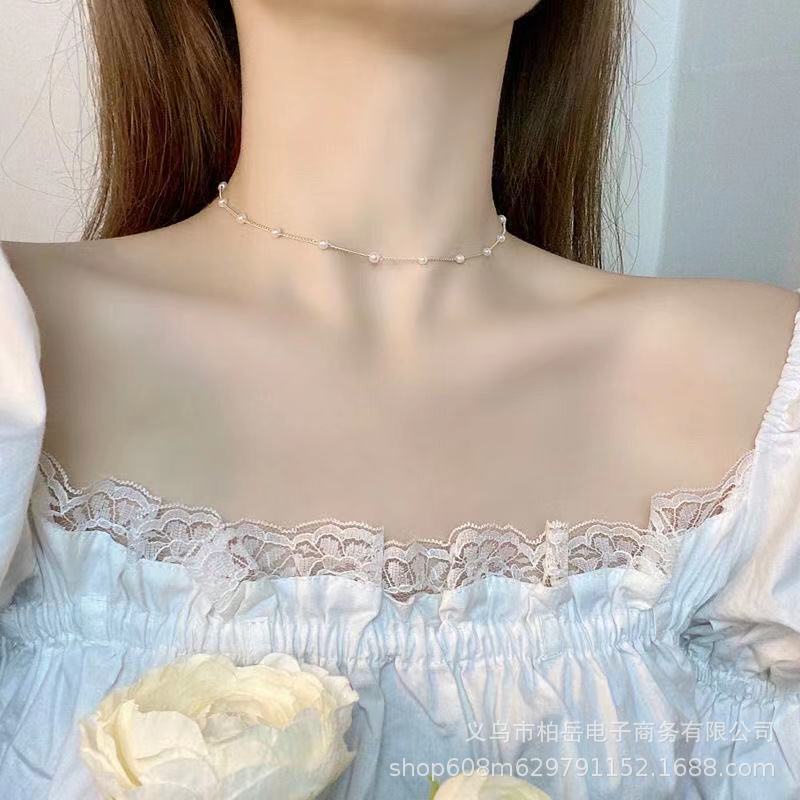 Kalung Choker Rantai Klavikula Aksen Mutiara Gaya Korea Untuk Wanita