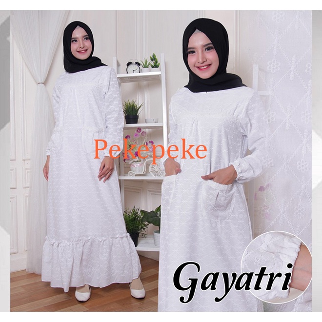 Baju Gamis Wanita Muslimah Bahan Katun Bordir Putih, Gamis Haji Umroh Gayatri