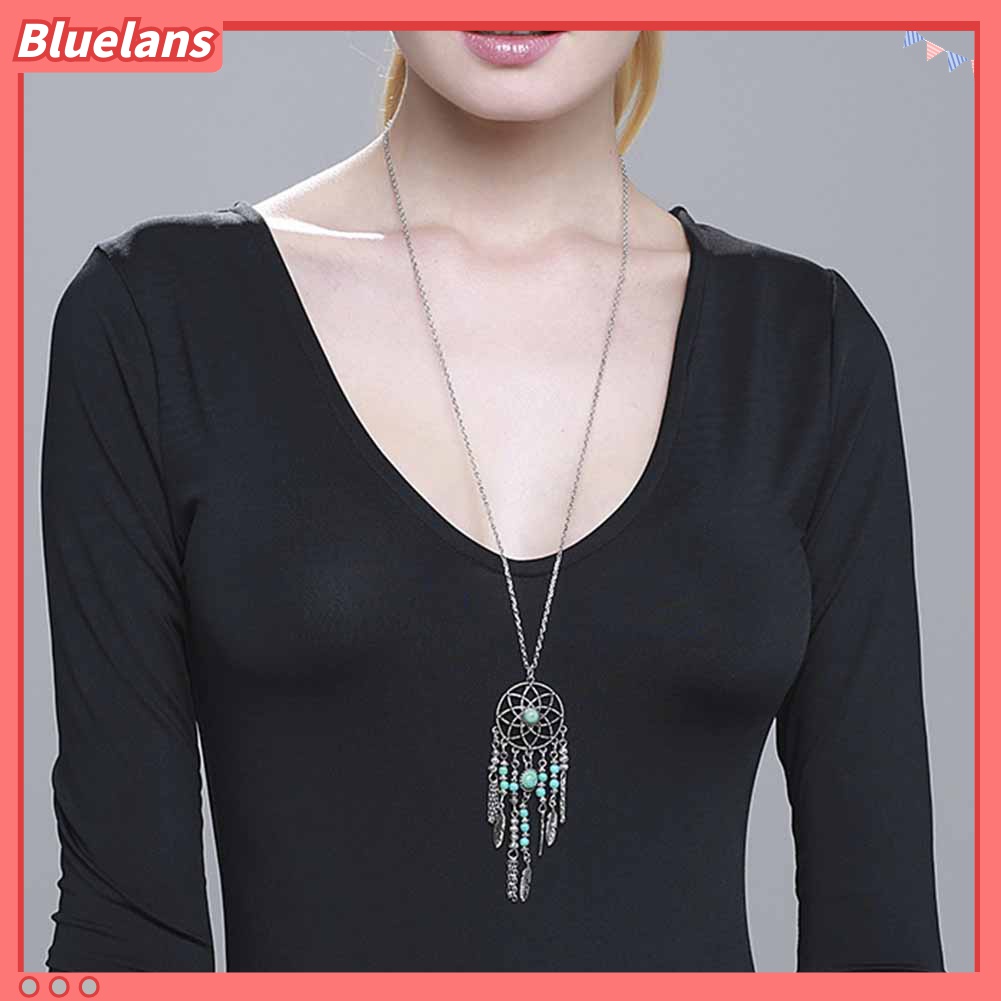 Kalung Rantai Rumbai Desain Dream Catcher Bulu Aksen Turquoise Gaya Boho Untuk Wanita