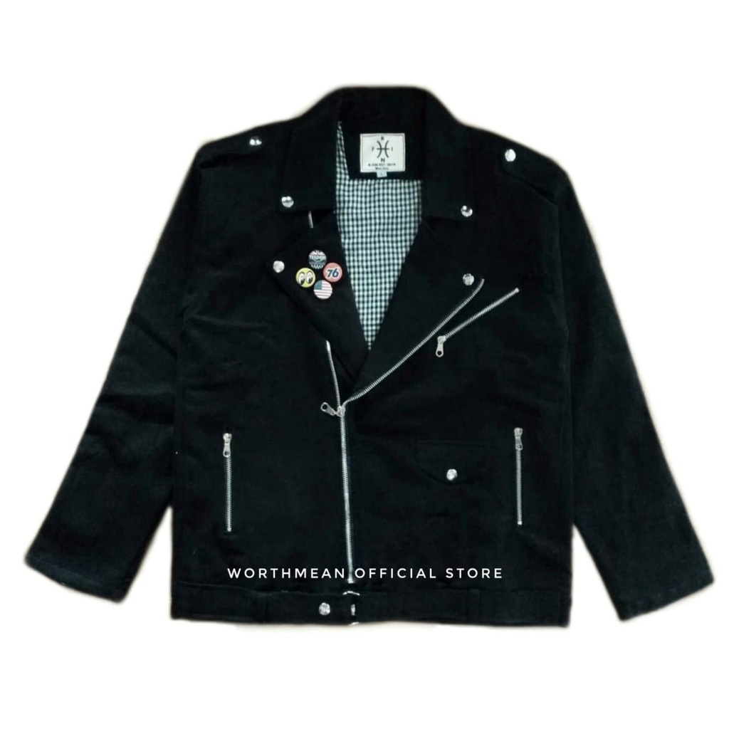 WORTHMEAN JAKET DOUBLE KERAH BLACK VEST COLLAR PUNK DENIM + 4 PIN JAKET PRIA JAKET MOTOR JAKET TOURI