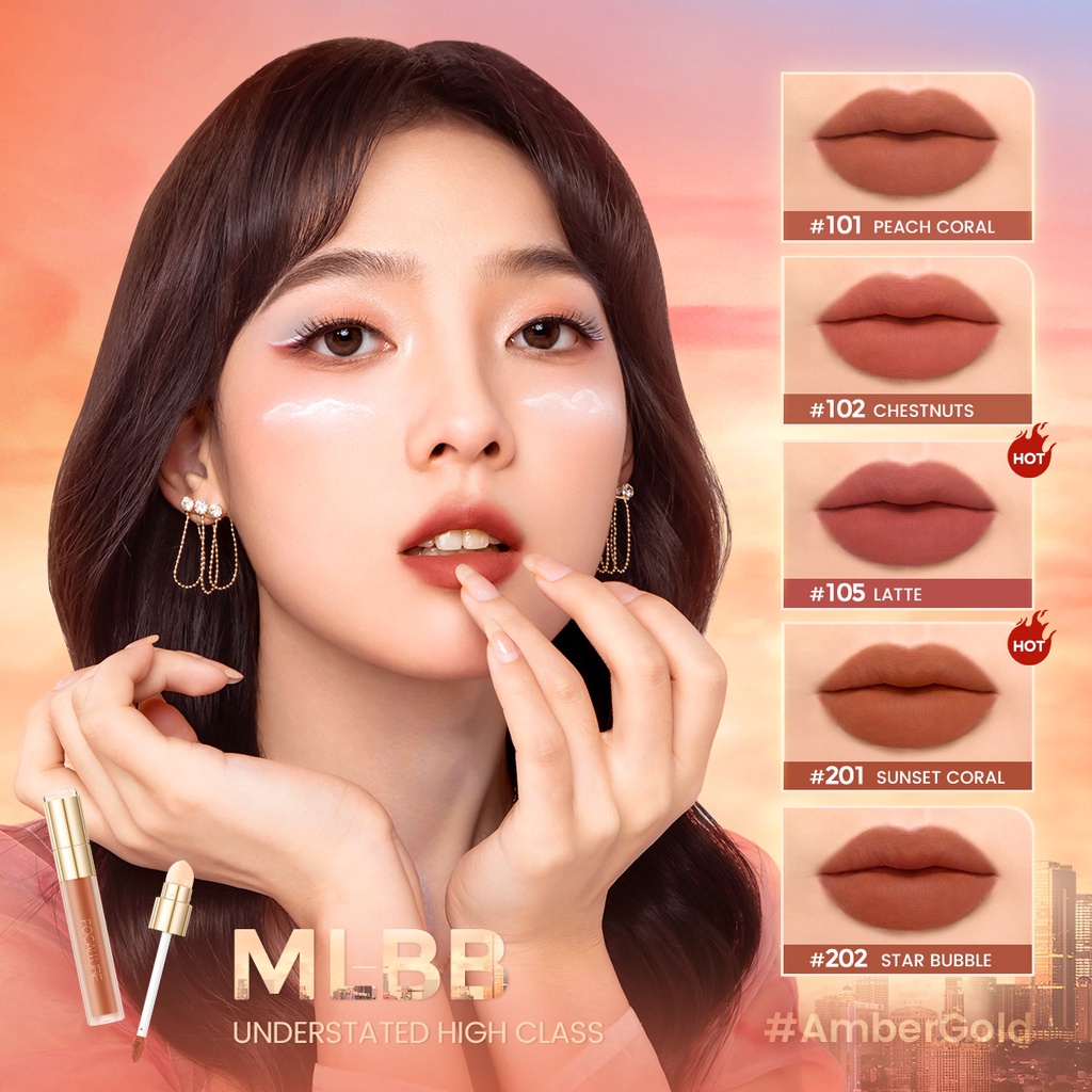 FOCALLURE #AmberGold Velvet Matte Lip Clay 2In1 Multi-use Sponge Lip Brush Lipstik Madam Original Lipstik Kosmetik FA210