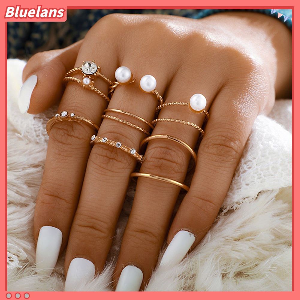 5 / 8Pcs Cincin Jari Model Terbuka Dapat Disesuaikan Aksen Mutiara Berlian Imitasi Gaya Bohemian Untuk Wanita