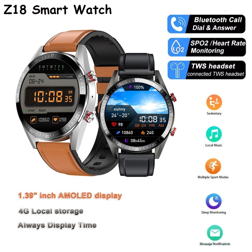 Z18 Smart Watch - Sporty IP67 Waterproof 1.39-inch AMOLED Display - Jam Tangan Pintar Multiple Sport Modes 4GB Memory 300mAh