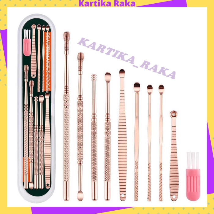 KR Pembersih Telinga 10 Pcs Korek Kuping Spiral Stainless Steel Besi Ear Spoon Set Rose Gold