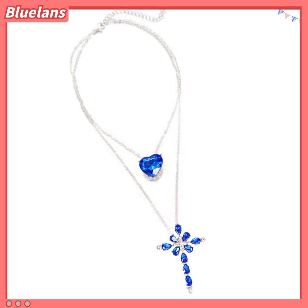 Bluelans Women Two Layer Cross Heart Full Rhinestones Pendant Necklace Chain Jewelry Gift