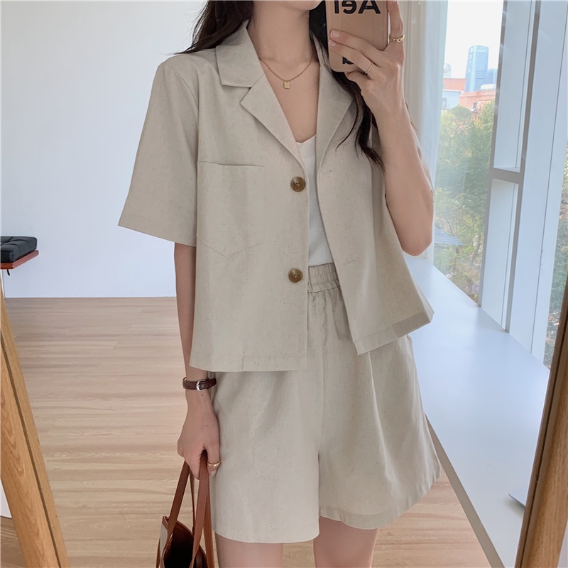 Linen Setelan Wanita Kekinian Import Korean Style Celana Pendek Kulot Highwaist Loose/Blazer Crop Jaket Lengan Pendek/Pakaian Wanita Terbaru/One Set Wanita