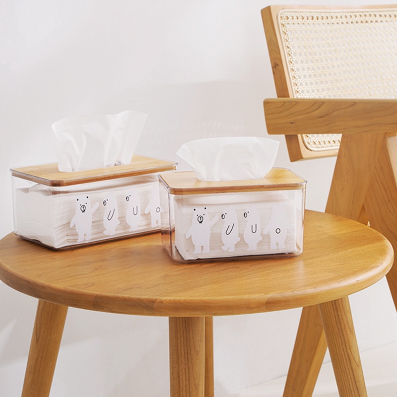 【RUMATIDY】Tempat Tissue Akrilik White Bear Tutup Kayu Estetik Modern  Dapur Kamar Mandi