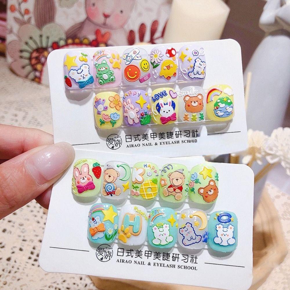 Needway Beruang Kelinci Stiker Kuku Gadis 5D Nail Art Decals Lem Belakang Kartun Relief Manicure Charms