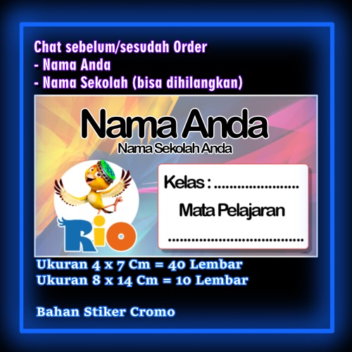 

Stiker Label Buku Rio Burung Biru Kartun Anime Lucu Karakter Lucu Custom Lebel Nama cromo murah 20 Varian berbeda Sticker Pelajaran Mapel buku anak sekolah Vol 15