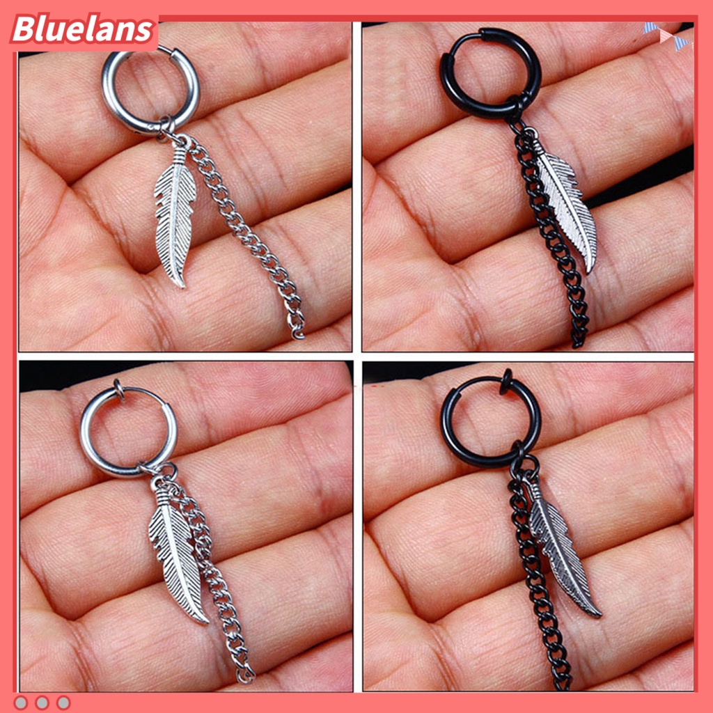 Bluelans 1Pcs Fashion Long Chain Ear Clip Stainless Steel Piercing Loop Hoop Earring for Men