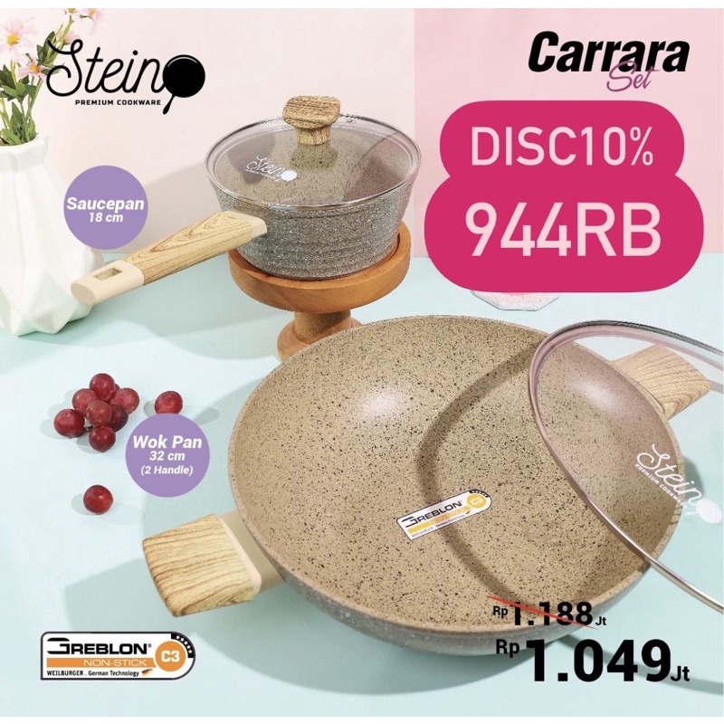 (POTONGAN 15% + FREE BUBBLEWRAP DOUBLE) Steincookware Stein Paket Carrara Wok 32+ Saucepan granite G