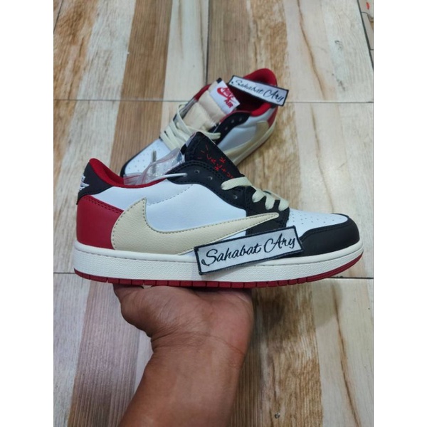 Sepatu Air Jordan 1 Low Fragment Travis White Black Red