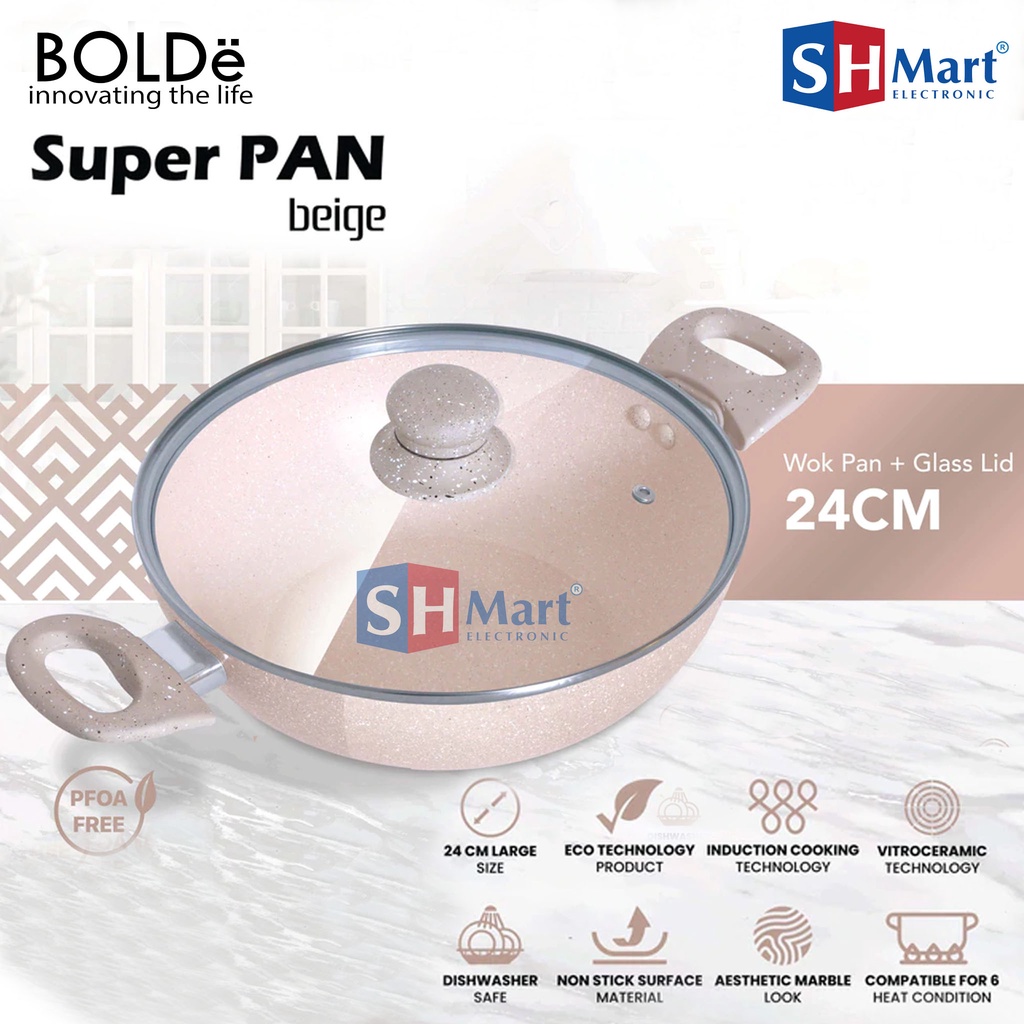 BOLDE BEIGE 2 EAR WOK 24 CM + GLASS LID - GWOK PAN GAGANG + TUTUP KACA SUPER PAN COATING GRANITE PANCI PENGGORENGAN